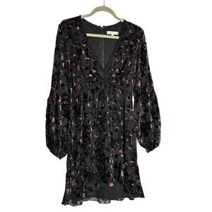 Wayf Black Crushed Velvet Floral Print V Neck‎ Long Sleeve Mini Dress Small